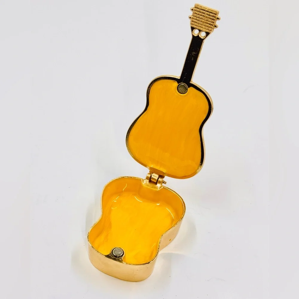 Pink Enamel & Gold Tone Guitar Trinket Box 4” X 2” Excellent Condition